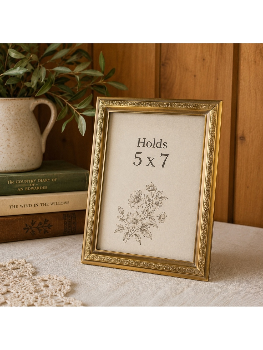 Vintage Etched Brass 5x7 Picture Frame Ornate Floral Gold Tone Easel Frame